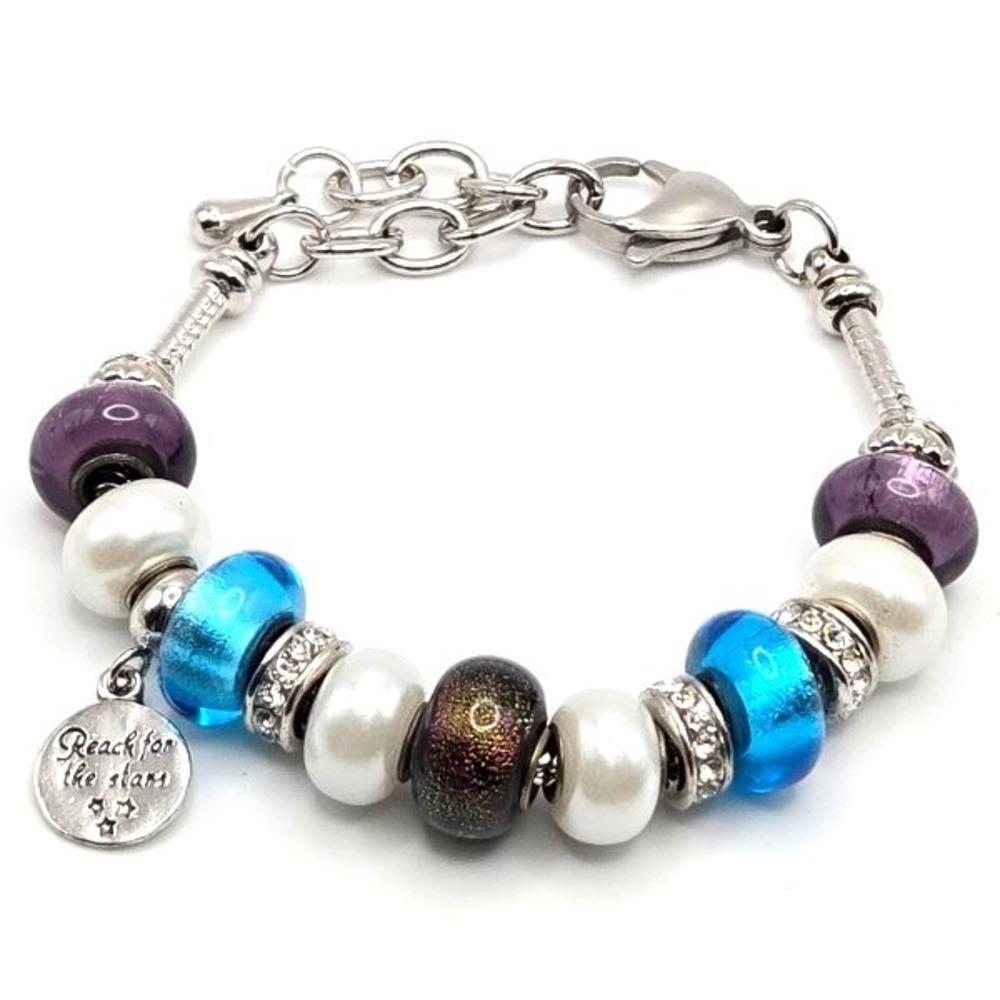 Bella Perlina "Reach for The Stars" Charm Bracelet Silver Tone Blue White Purple